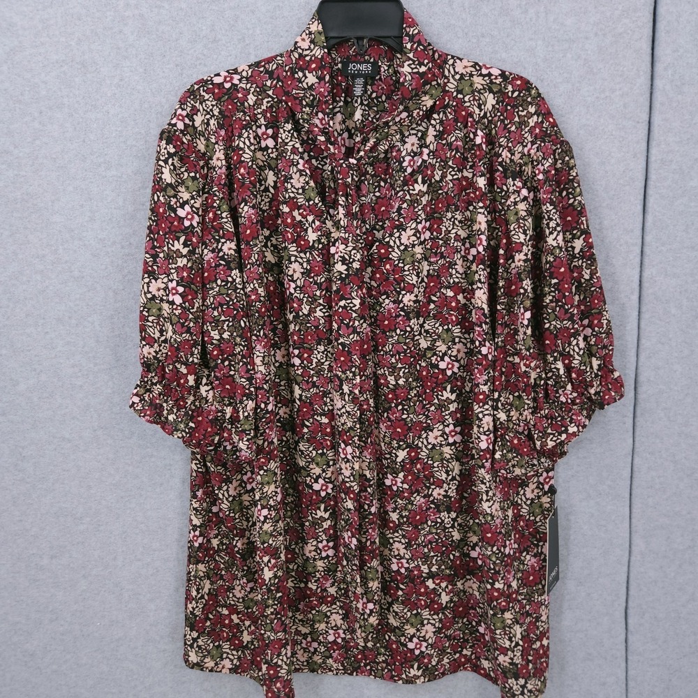 Jones New York Printed Tie Neck Short Puff Sleeve Blouse Womens Plus Size 3XL